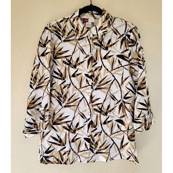 Womens Linen Top Size 10 Tropical Palm Leaf Roll Tab 3/4 Sleeve Button Up Nature - Picture 1 of 13